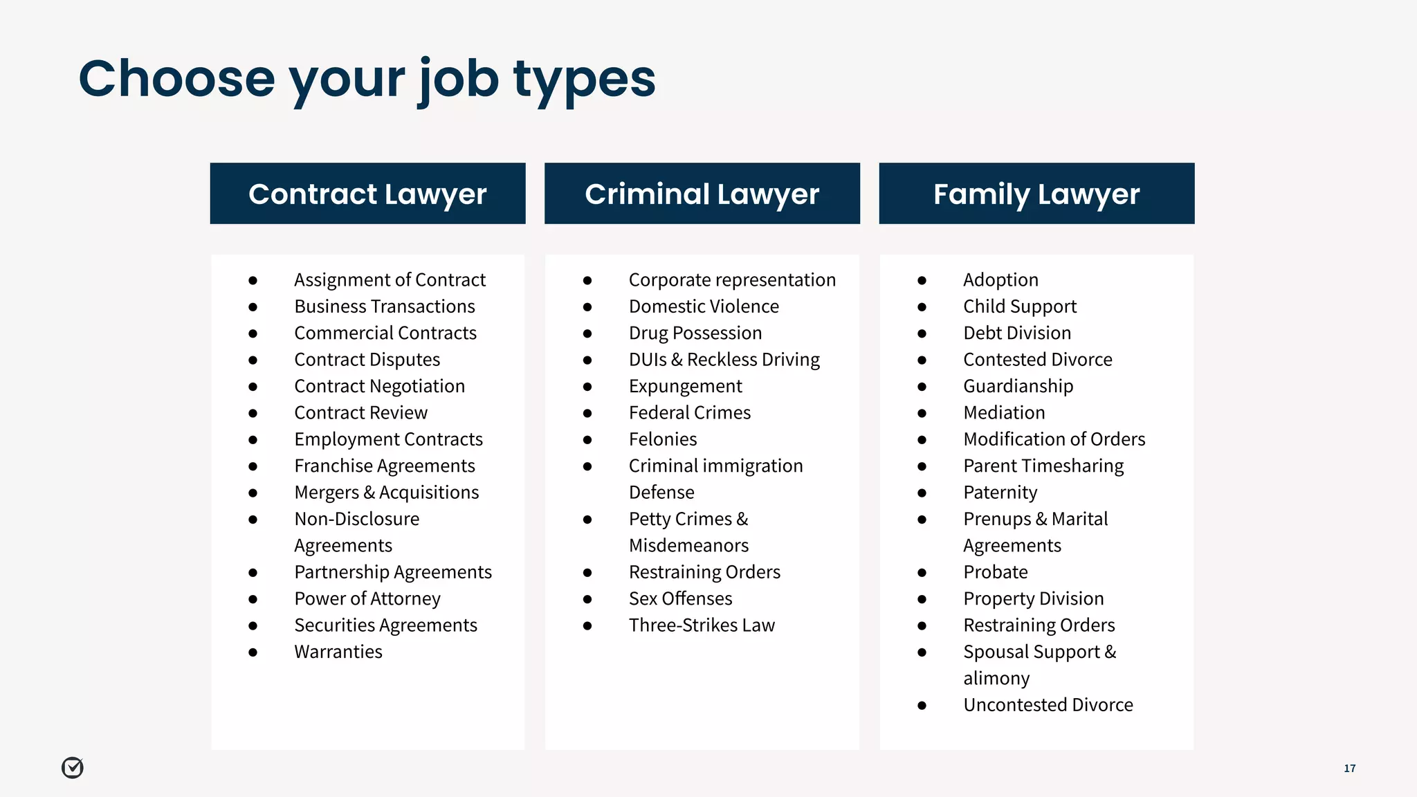 17
Contract Lawyer
● Assignment of Contract
● Business Transactions
● Commercial Contracts
● Contract Disputes
● Contract Negotiation
● Contract Review
● Employment Contracts
● Franchise Agreements
● Mergers & Acquisitions
● Non-Disclosure
Agreements
● Partnership Agreements
● Power of Attorney
● Securities Agreements
● Warranties
Criminal Lawyer
● Corporate representation
● Domestic Violence
● Drug Possession
● DUIs & Reckless Driving
● Expungement
● Federal Crimes
● Felonies
● Criminal immigration
Defense
● Petty Crimes &
Misdemeanors
● Restraining Orders
● Sex Oﬀenses
● Three-Strikes Law
Family Lawyer
● Adoption
● Child Support
● Debt Division
● Contested Divorce
● Guardianship
● Mediation
● Modification of Orders
● Parent Timesharing
● Paternity
● Prenups & Marital
Agreements
● Probate
● Property Division
● Restraining Orders
● Spousal Support &
alimony
● Uncontested Divorce
Choose your job types
 