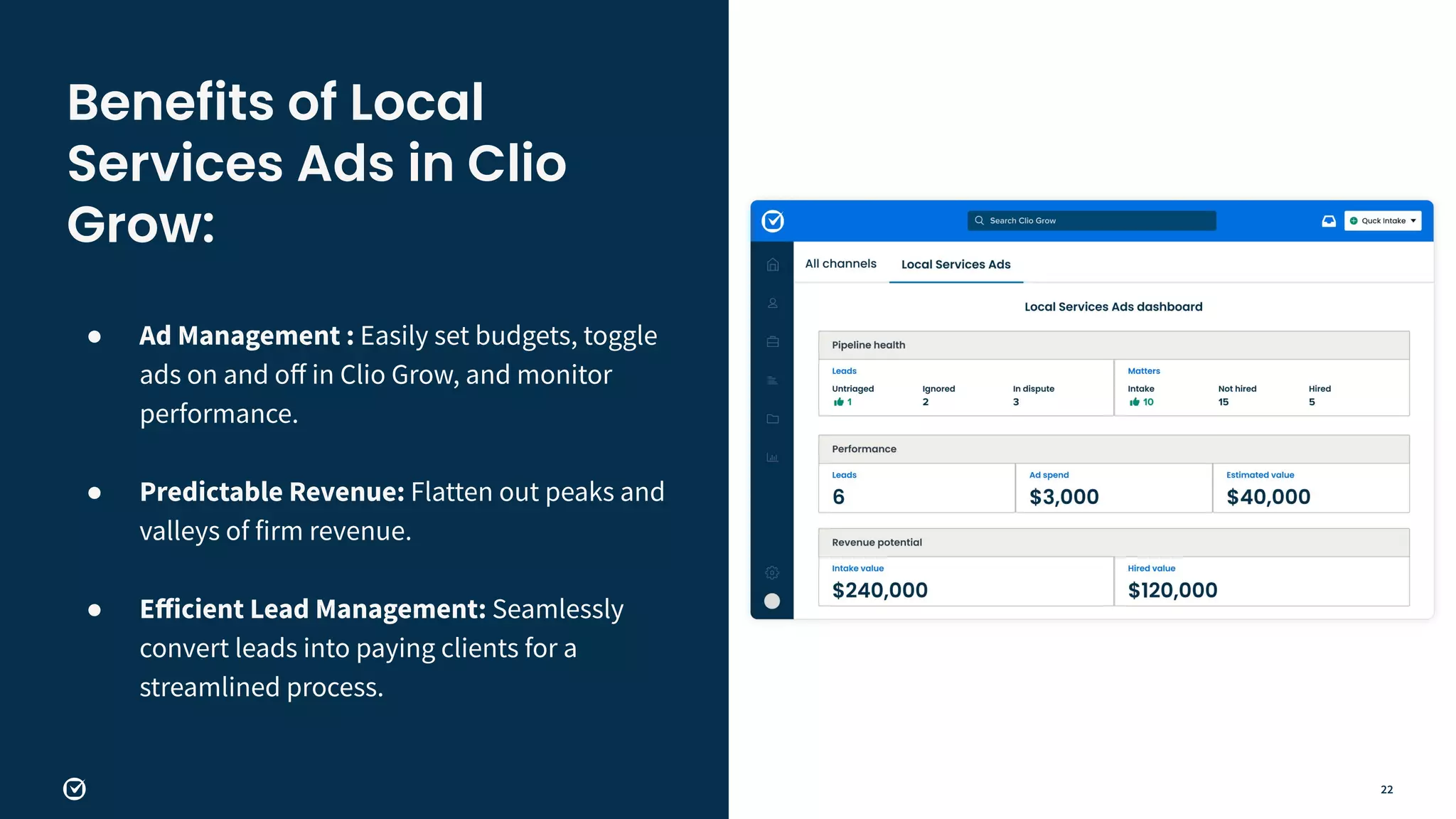 22
● Ad Management : Easily set budgets, toggle
ads on and oﬀ in Clio Grow, and monitor
performance.
●
● Predictable Revenue: Flatten out peaks and
valleys of firm revenue.
●
● Eﬀicient Lead Management: Seamlessly
convert leads into paying clients for a
streamlined process.
Benefits of Local
Services Ads in Clio
Grow:
 