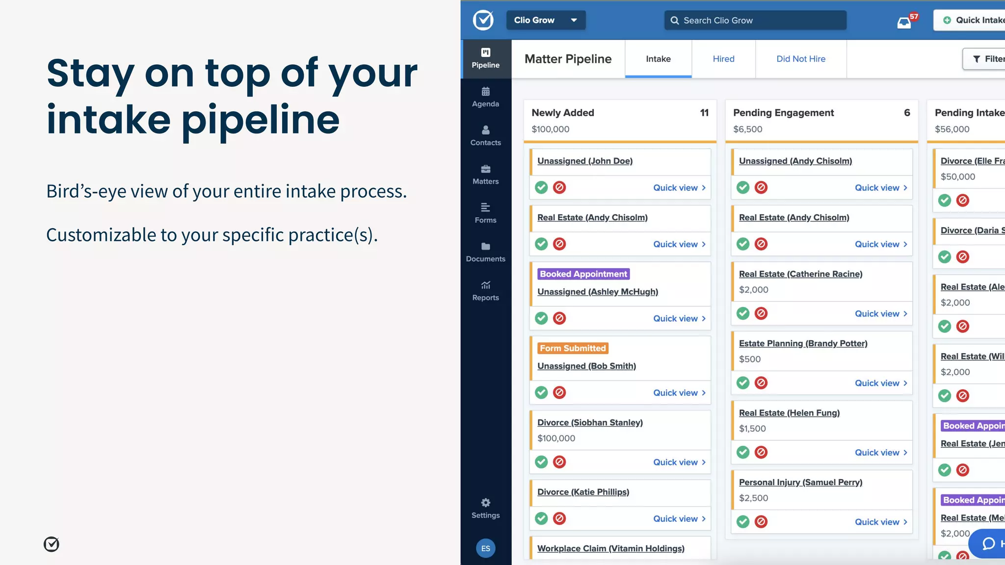 Birdʼs-eye view of your entire intake process.
Customizable to your specific practice(s).
26
Stay on top of your
intake pipeline
 
