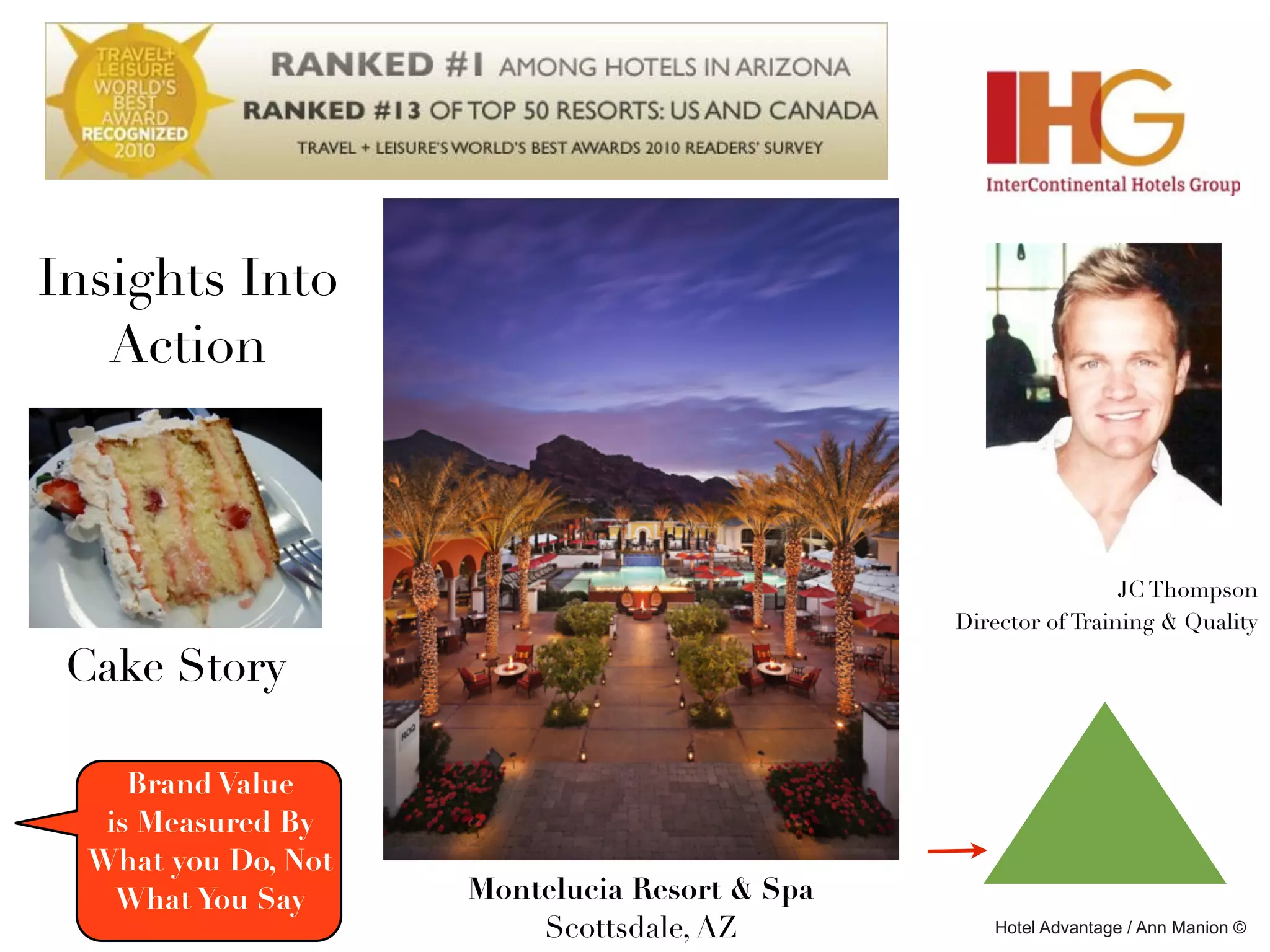 Insights Into
   Action



                                                                JC Thompson
                                               Director of Training & Quality

 Cake Story

     Brand Value
   is Measured By
  What you Do, Not
    What You Say     Montelucia Resort & Spa
                         Scottsdale, AZ           Hotel Advantage / Ann Manion ©
 