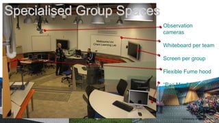 Specialised Group Spaces
                           Observation
                           cameras

                           Whiteboard per team

                           Screen per group

                           Flexible Fume hood

                           “Pac Man” orienting
                           tables



                                  University of Birmingham, UK
 