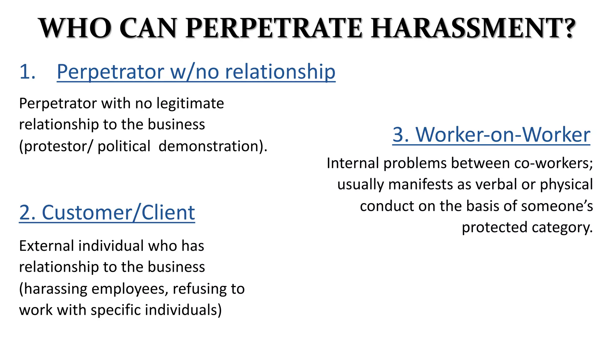 WHO CAN PERPETRATE HARASSMENT?
1. Perpetrator w/no relationship
Perpetrator with no legitimate
relationship to the business
(protestor/ political demonstration).
2. Customer/Client
External individual who has
relationship to the business
(harassing employees, refusing to
work with specific individuals)
3. Worker-on-Worker
Internal problems between co-workers;
usually manifests as verbal or physical
conduct on the basis of someone’s
protected category.
 