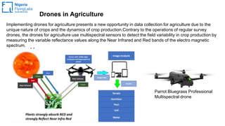 Drones in Agriculture
Implementing drones for agriculture presents a new opportunity in data collection for agriculture due to the
unique nature of crops and the dynamics of crop production.Contrary to the operations of regular survey
drones, the drones for agriculture use multispectral sensors to detect the field variability in crop production by
measuring the variable reflectance values along the Near Infrared and Red bands of the electro magnetic
spectrum.
Parrot Bluegrass Professional
Multispectral drone
 