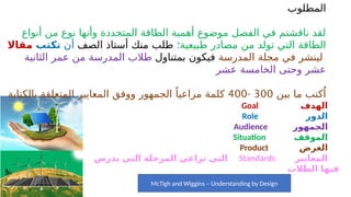 ‫المطلوب‬
‫أنواع‬ ‫من‬ ‫نوع‬ ‫وأنها‬ ‫المتجددة‬ ‫الطاقة‬ ‫أهمية‬ ‫موضوع‬ ‫الفصل‬ ‫في‬ ‫ناقشتم‬ ‫لقد‬
‫طبيعية؛‬ ‫مصادر‬ ‫من‬ ‫تولد‬ ‫التي‬ ‫الطاقة‬
‫الصف‬ ‫أستاذ‬ ‫منك‬ ‫طلب‬
‫أن‬
‫تكتب‬
‫مقاال‬
‫المدرسة‬ ‫مجلة‬ ‫في‬ ‫لينشر‬
‫بمتناول‬ ‫فيكون‬
‫الثانية‬ ‫عمر‬ ‫من‬ ‫المدرسة‬ ‫طالب‬
‫عشر‬ ‫الخامسة‬ ‫وحتى‬ ‫عشر‬
‫بين‬ ‫ما‬ ‫كتب‬ُ‫ا‬
300
-
400
‫بالكتابة‬ ‫المتعلقة‬ ‫المعايير‬ ‫ووفق‬ ‫الجمهور‬ ً‫مراعيا‬ ‫كلمة‬
‫الهدف‬
Goal
‫الدور‬
Role
‫الجمهور‬
Audience
‫الموقف‬
Situation
‫الغرض‬
Product
‫المعايير‬
Standards
‫يدرس‬ ‫التي‬ ‫المرحلة‬ ‫تراعي‬ ‫التي‬
‫الطالب‬ ‫فيها‬
McTigh and Wiggins – Understanding by Design
 