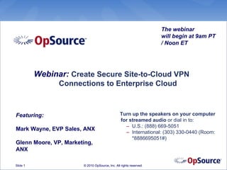 The webinar
                                                                    will begin at 9am PT
                                                                    / Noon ET




          Webinar: Create Secure Site-to-Cloud VPN
                Connections to Enterprise Cloud



Featuring:                                      Turn up the speakers on your computer
                                                for streamed audio or dial in to:
                                                  – U.S.: (888) 669-5051
Mark Wayne, EVP Sales, ANX
                                                  – International: (303) 330-0440 (Room:
                                                     *8886695051#)
Glenn Moore, VP, Marketing,
ANX

Slide 1                © 2010 OpSource, Inc. All rights reserved.
 