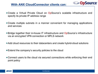 With ANX CloudConnector clients can:

Create a Virtual Private Cloud on OpSource’s scalable infrastructure and
specify its private IP address range

Create multiple subnets in a manner convenient for managing applications
and services

Bridge together their in-house IT infrastructure and OpSource’s infrastructure
via an encrypted VPN connection or MPLS network

Add cloud resources to their datacenters and create hybrid-cloud solutions

Extend the company’s security policies to the cloud

Connect users to the cloud via secured connections while enforcing their end
point policy



                               Confidential                                  9
 