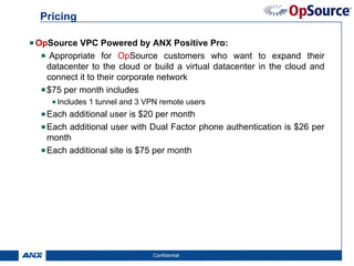 Pricing

OpSource VPC Powered by ANX Positive Pro:
   Appropriate for OpSource customers who want to expand their
  datacenter to the cloud or build a virtual datacenter in the cloud and
  connect it to their corporate network
  $75 per month includes
     Includes 1 tunnel and 3 VPN remote users
  Each additional user is $20 per month
  Each additional user with Dual Factor phone authentication is $26 per
  month
  Each additional site is $75 per month




                              Confidential                                 16
 