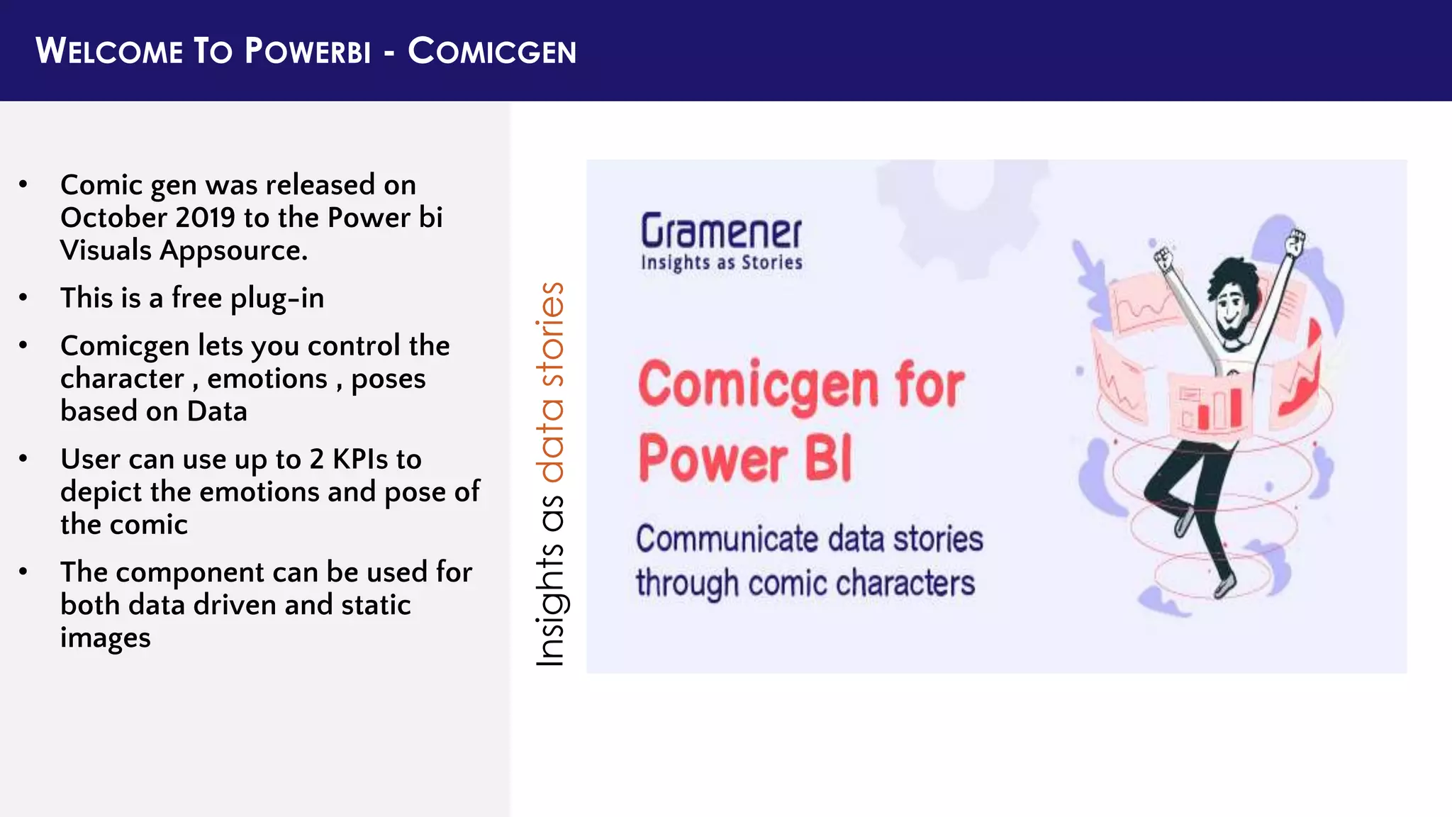 WELCOME TO POWERBI - COMICGEN
Insights
as
data
stories
• Comic gen was released on
October 2019 to the Power bi
Visuals Appsource.
• This is a free plug-in
• Comicgen lets you control the
character , emotions , poses
based on Data
• User can use up to 2 KPIs to
depict the emotions and pose of
the comic
• The component can be used for
both data driven and static
images
 