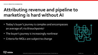 Attributing revenue and pipeline to
marketing is hard without AI
© Adobe, 2020 11
WEBINAR | PREDICTIVE AI IN MARKETING
• Today’s buyer’s journey is complex and encompasses
an average of 7 to 8 touchpoints1
• The buyer’s journey is increasingly nonlinear
• Criteria for MQLs are subject to change
1 “B2B and B2C Companies Can Face Similar Hurdles with Complex Buyer Journeys,” Forrester, May 2019.
 