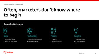 Often, marketers don’t know where
to begin
© Adobe, 2020 16
WEBINAR | PREDICTIVE AI IN MARKETING
Data Technology People Insights
• Access to data
• Ease of data prep
• Talent
• Collaboration
• Transparency
• Consumption
Complexity issues
• ML/AI technologies
• Infrastructure
 