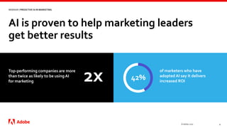 AI is proven to help marketing leaders
get better results
© Adobe, 2020 4
WEBINAR | PREDICTIVE AI IN MARKETING
Top-performing companies are more
than twice as likely to be using AI
for marketing
of marketers who have
adopted AI say it delivers
increased ROI2x 42%
 