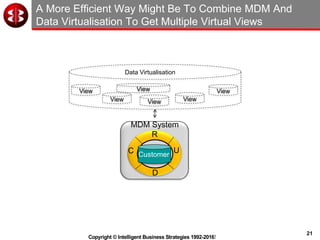 21
Copyright © Intelligent Business Strategies 1992-2016!
A More Efficient Way Might Be To Combine MDM And
Data Virtualisation To Get Multiple Virtual Views
MDM System
C
R
U
D
Customer
View
View View
Data Virtualisation
View
ViewView
 