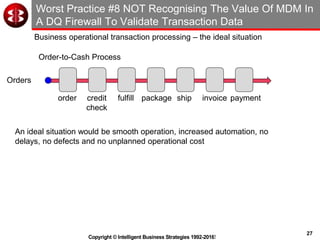 27
Copyright © Intelligent Business Strategies 1992-2016!
Worst Practice #8 NOT Recognising The Value Of MDM In
A DQ Firewall To Validate Transaction Data
order credit
check
fulfill ship invoice paymentpackage
Order-to-Cash Process
An ideal situation would be smooth operation, increased automation, no
delays, no defects and no unplanned operational cost
Orders
Business operational transaction processing – the ideal situation
 