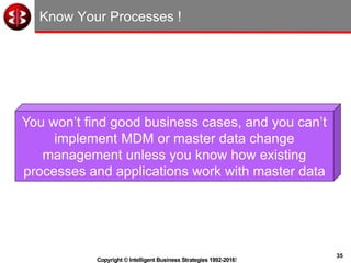 35
Copyright © Intelligent Business Strategies 1992-2016!
Know Your Processes !
You won’t find good business cases, and you can’t
implement MDM or master data change
management unless you know how existing
processes and applications work with master data
 