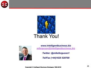 45
Copyright © Intelligent Business Strategies 1992-2016!
www.intelligentbusiness.biz
mferguson@intelligentbusiness.biz
Twitter: @mikeferguson1
Tel/Fax (+44)1625 520700
Thank You!
 