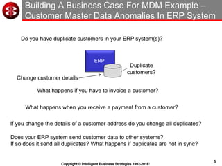 5
Copyright © Intelligent Business Strategies 1992-2016!
Building A Business Case For MDM Example –
Customer Master Data Anomalies In ERP System
ERP
What happens if you have to invoice a customer?
What happens when you receive a payment from a customer?
Do you have duplicate customers in your ERP system(s)?
Duplicate
customers?
Change customer details
If you change the details of a customer address do you change all duplicates?
Does your ERP system send customer data to other systems?
If so does it send all duplicates? What happens if duplicates are not in sync?
 