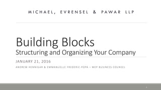 Building Blocks
Structuring and Organizing Your Company 
JANUARY 21, 2016
ANDREW HENNIGAR & EMMANUELLE FREDERIC-POPA – MEP BUSINESS COUNSEL
1	
 