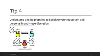 Tip 4
Understand and be prepared to speak to your reputation and
personal brand -- use discretion.
17
#WAVEWELCOME
 
