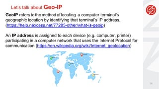 56
Let’s talk about Geo-IP
GeoIP refersto the method oflocating a computer terminal’s
geographic location by identifying t...