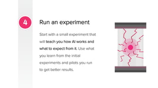 Build momentum
Measure the results of your
initial experiments, fine-tune
them, and expand the scope of
your AI initiative...
