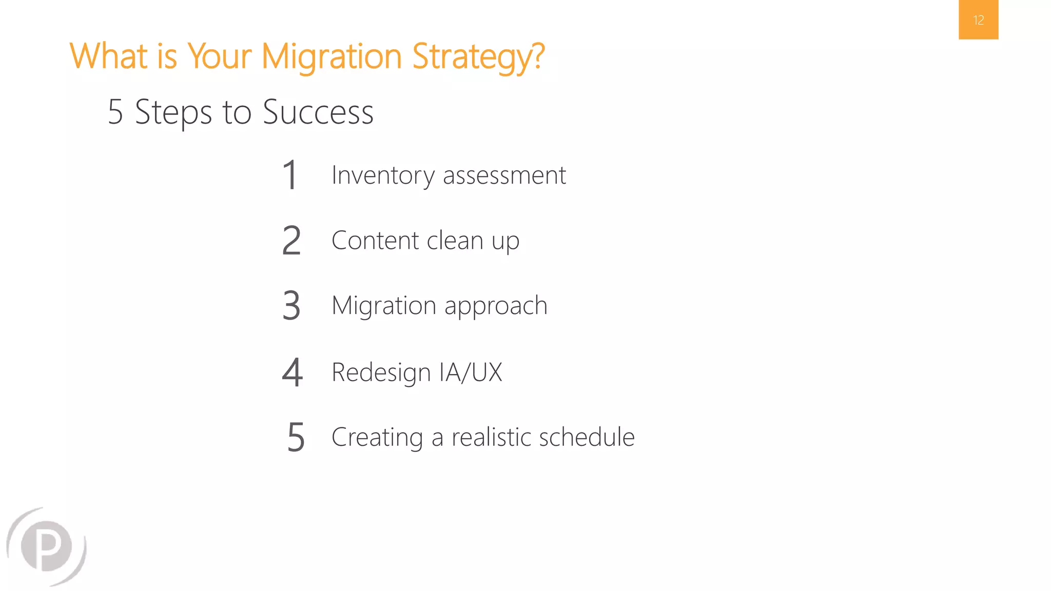 What is Your Migration Strategy? 
12 
5 Steps to Success 
1 Inventory assessment 
2 Content clean up 
3 Migration approach 
4 Redesign IA/UX 
5 Creating a realistic schedule 
 
