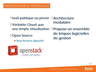 11
IaaS publique ou privée
Véritable Cloud: pas
une simple virtualisation
Open Source
 Sous licence Apache
Architecture
modulaire
Propose un ensemble
de briques logicielles
de gestion
PRÉSENTATION D’OPENSTACK
COPYRIGHT SMILE © Toute reproduction interdite sans autorisation
 
