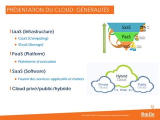 9
IaaS (Infrastructure)
 CaaS (Computing)
 STaaS (Storage)
PaaS (Platform)
 Plateforme d’exécution
SaaS (Software)
 Fournit des services applicatifs et métiers
Cloud privé/public/hybride
PRÉSENTATION DU CLOUD: GÉNÉRALITÉS
COPYRIGHT SMILE © Toute reproduction interdite sans autorisation
 
