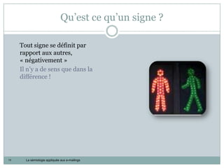 Qu’est ce qu’un signe ?

     Tout signe se définit par
     rapport aux autres,
     « négativement »
     Il n’y a de sens que dans la
     différence !




13     La sémiologie appliquée aux e-mailings
 