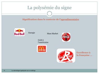 La polysémie du signe

                      Signification dans le contexte de l’agroalimentaire




                               Energie                  Mass Market


                                              Goût à
                                              l’américaine




                                                                      Excellence à
                                                                      la française …




19   La sémiologie appliquée aux e-mailings
 