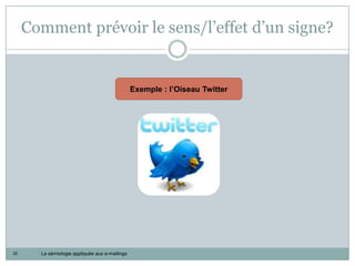 Comment prévoir le sens/l’effet d’un signe?


                                                Exemple : l’Oiseau Twitter




22     La sémiologie appliquée aux e-mailings
 