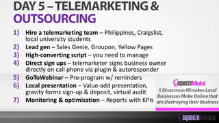 1) Hire a telemarketing team – Philippines, Craigslist,
local university students
2) Lead gen – Sales Genie, Groupon, Yellow Pages
3) High-converting script – you need to manage
4) Direct sign ups – telemarketer signs business owner
directly on call phone via plugin & autoresponder
5) GoToWebinar – Pre-program w/ reminders
6) Local presentation – Value-add presentation,
gravity forms sign-up & deposit, virtual audit
7) Monitoring & optimization – Reports with KPIs
 