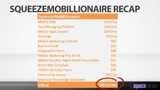 SqueezeMobillionaire
Mobile CMS $147/mo
Text Messaging Platform $197/mo
Mobile Apps Creator $147/mo
Trainings $97/mo
Mobile Marketing Contract $45
Business Card $15
Infographic Flyers $30
Mobile Marketing Pres & Vid $50
Mobile/Soc/Rep Mgmt Audit Presentation $75
Direct Mail Template $25
7 Niche QR Code Flyers $70
Community Access $97/mo
Extensive Knowledge Databases $127/mo
Value $812/mo
 
