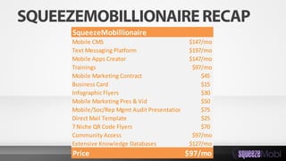 SqueezeMobillionaire
Mobile CMS $147/mo
Text Messaging Platform $197/mo
Mobile Apps Creator $147/mo
Trainings $97/mo
Mobile Marketing Contract $45
Business Card $15
Infographic Flyers $30
Mobile Marketing Pres & Vid $50
Mobile/Soc/Rep Mgmt Audit Presentation $75
Direct Mail Template $25
7 Niche QR Code Flyers $70
Community Access $97/mo
Extensive Knowledge Databases $127/mo
Price $97/mo
 