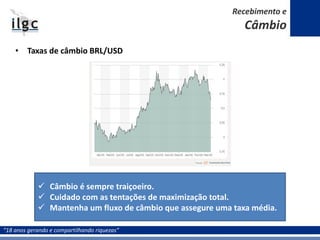 “18 anos gerando e compartilhando riquezas”
• Taxas de câmbio BRL/USD
 Câmbio é sempre traiçoeiro.
 Cuidado com as tentações de maximização total.
 Mantenha um fluxo de câmbio que assegure uma taxa média.
Recebimento e
Câmbio
 