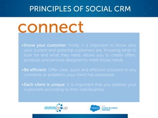 •Know your customer: Firstly, it is important to know who
your current and potential customers are. Knowing what to
look for and what they need, allows you to create offers,
products and services designed to meet those needs.
•Be efficient: Offer clear, quick and effective solutions to any
concerns or problems your client has expressed.
•Each client is unique: It is important that you address your
customers according to their individualities.
connect
PRINCIPLES OF SOCIAL CRM
 