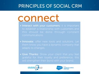 • Interact with your customers: it is important
to establish a relationship with customers and
this should be done through constant
communications.
• Innovate: offer new tools and solutions. Let
them know you have a dynamic company that
adapts to changes.
• Give Thanks: Show your client that you feel
grateful for their loyalty and preference, this
will strengthen their bond with your brand.
connect
PRINCIPLES OF SOCIAL CRM
 