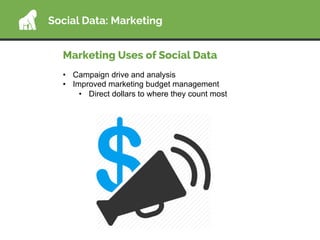 Social Data: Marketing
Marketing Uses of Social Data
•  Campaign drive and analysis
•  Improved marketing budget managemen...