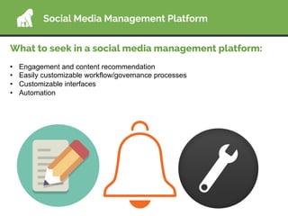 Social Media Management Platform
What to seek in a social media management platform:
•  Engagement and content recommendat...
