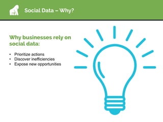 Social Data – Why?
Why businesses rely on
social data:
•  Prioritize actions
•  Discover inefficiencies
•  Expose new oppo...
