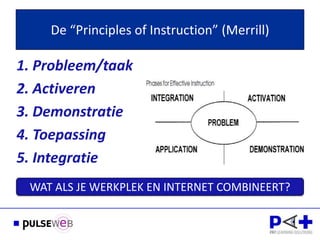De “Principles of Instruction” (Merrill)

1. Probleem/taak
2. Activeren
3. Demonstratie
4. Toepassing
5. Integratie
 WAT ALS JE WERKPLEK EN INTERNET COMBINEERT?
 