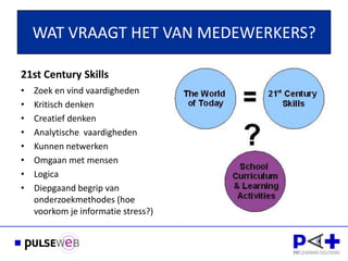 WAT VRAAGT HET VAN MEDEWERKERS?

21st Century Skills
•   Zoek en vind vaardigheden
•   Kritisch denken
•   Creatief denken
•
•
•
          Dank voor uw
    Analytische vaardigheden
    Kunnen netwerken
    Omgaan met mensen
•   Logica
•   Diepgaand begrip van
    onderzoekmethodes (hoe
    voorkom je informatie stress?)
 