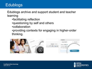 Edublogs
Edublogs archive and support student and teacher
learning
    •facilitating reflection
    •questioning by self and others
    •collaboration
    •providing contexts for engaging in higher-order
    thinking.
 