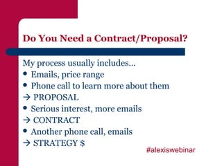 Do You Need a Contract/Proposal?

My process usually includes…
 Emails, price range
 Phone call to learn more about them

 PROPOSAL
 Serious interest, more emails

 CONTRACT
 Another phone call, emails

 STRATEGY $
                               #alexiswebinar
 