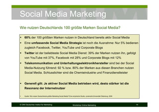 Social Media Marketing
Wie nutzen Deutschlands 100 größte Marken Social Media?

     60% der 100 größten Marken nutzen in Deutschland bereits aktiv Social Media
     Eine umfassende Social Media Strategie ist noch die Ausnahme: Nur 5% bedienen
     zugleich Facebook, Twitter, YouTube und Corporate Blogs
     Twitter ist der beliebteste Social Media Dienst: 39% der Marken nutzen ihn, gefolgt
     von YouTube mit 37%, Facebook mit 28% und Corporate Blogs mit 12%
     Telekommunikation und Unterhaltungselektronikhersteller sind bei der Social
     Media-Nutzung führend: 92 % bzw. 80% der Marken aus diesen Branchen nutzen
     Social Media. Schlusslichter sind die Chemieindustrie und Finanzdienstleister


     Generell gilt: Je aktiver Social Media betrieben wird, desto stärker ist die
     Resonanz der Internetnutzer

     Quelle: Wie nutzen Deutschlands größte Marketing Social Media? Eine empirische Studie, construktiv/Universität Oldenburg, 2009




© DIM Deutsches Institut für Marketing                                    Workshop Online Marketing                                   14
 