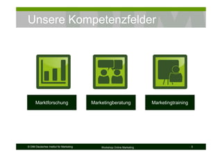 Unsere Kompetenzfelder

        FORSCHUNG                          BERATUNG




      Marktforschung                     Marketingberatung               Marketingtraining




© DIM Deutsches Institut für Marketing       Workshop Online Marketing                       3
 