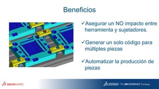 Beneficios
✓Asegurar un NO impacto entre
herramienta y sujetadores.
✓Generar un solo código para
múltiples piezas
✓Automatizar la producción de
piezas
 