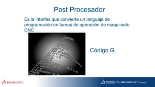 Post Procesador
Es la interfaz que convierte un lenguaje de
programación en tareas de operación de maquinado
CNC
Código G
 