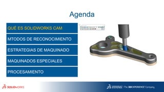 Agenda
QUÉ ES SOLIDWORKS CAM
MTODOS DE RECONOCIMIENTO
ESTRATEGIAS DE MAQUINADO
MAQUINADOS ESPECIALES
PROCESAMIENTO
 