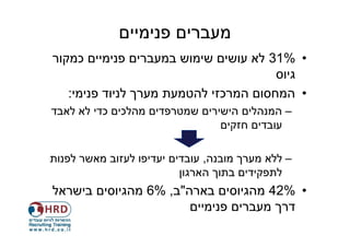 ‫מעברים פנימיים‬
‫• %13 לא עושים שימוש במעברים פנימיים כמקור‬
                                       ‫גיוס‬
   ‫• המחסום המרכזי להטמעת מערך לניוד פנימי:‬
‫– המנהלים הישירים שמטרפדים מהלכים כדי לא לאבד‬
                                ‫עובדים חזקים‬

‫– ללא מערך מובנה, עובדים יעדיפו לעזוב מאשר לפנות‬
                          ‫לתפקידים בתוך הארגון‬
‫• %24 מהגיוסים בארה"ב, %6 מהגיוסים בישראל‬
                       ‫דרך מעברים פנימיים‬
 