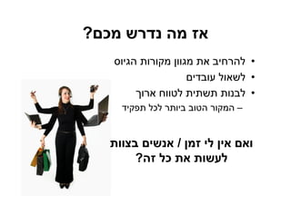 ‫אז מה נדרש מכם?‬
   ‫• להרחיב את מגוון מקורות הגיוס‬
                    ‫• לשאול עובדים‬
        ‫• לבנות תשתית לטווח ארוך‬
     ‫– המקור הטוב ביותר לכל תפקיד‬


   ‫ואם אין לי זמן / אנשים בצוות‬
        ‫לעשות את כל זה?‬
 